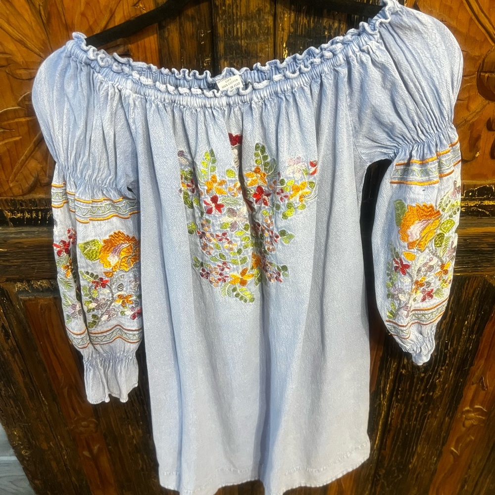 26 International Light Blue Embroidered Blouse